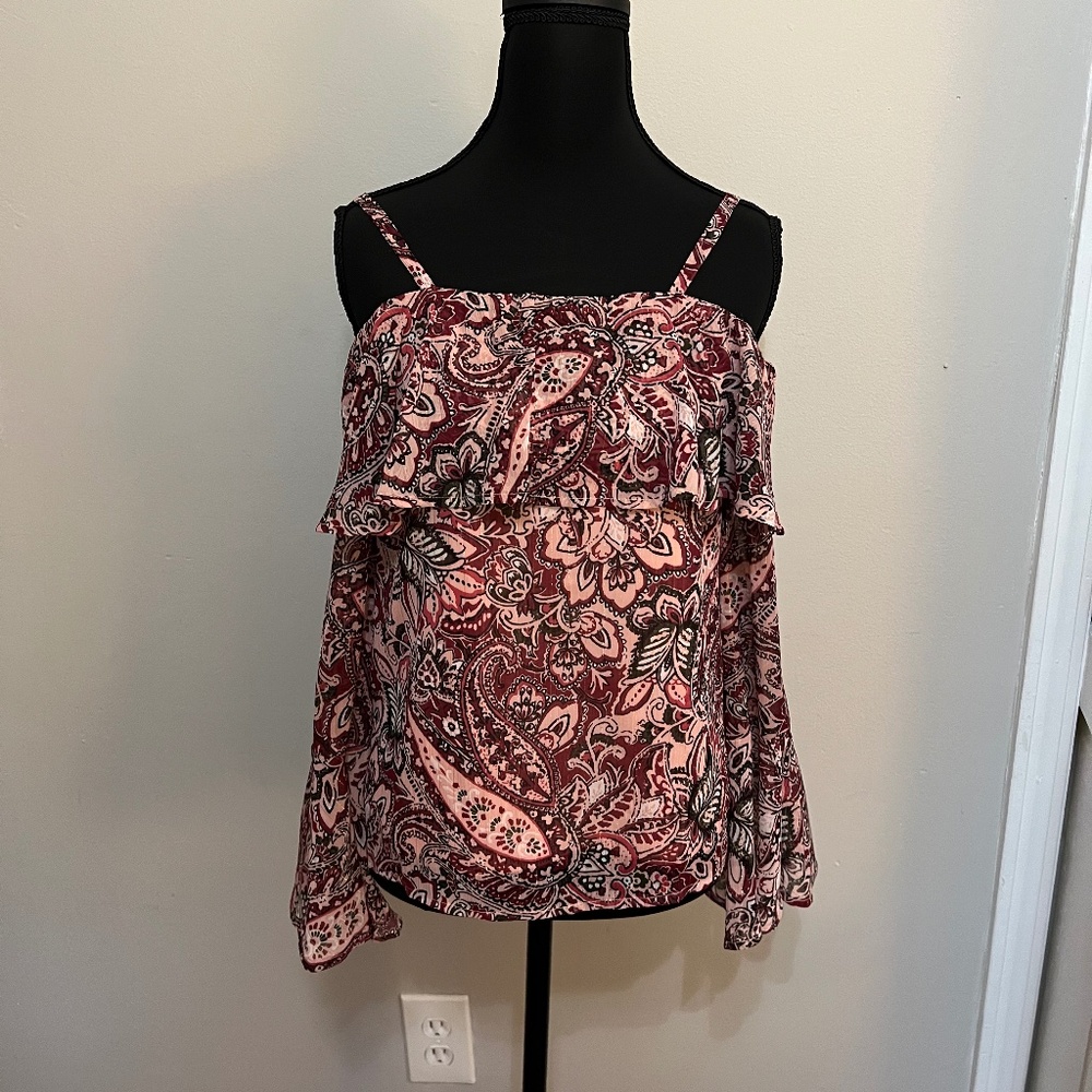 Y2K Off The Shoulder Top Whimsigoth Boho Ruffle Neckline Pink/Red Paisley XS